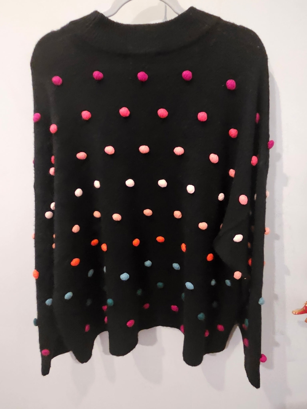 CeCe Black Knit Cardigan with Pink Pom Accent